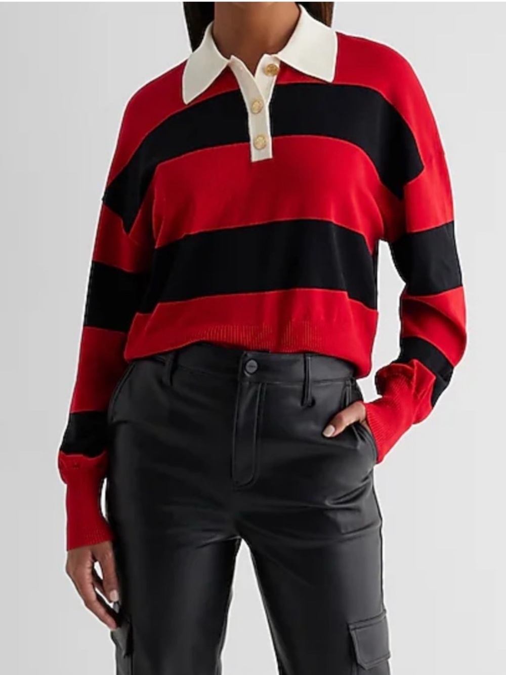 Express Red Black Striped Novelty Gold Button Polo Preppy Sweater/Top XL NWT